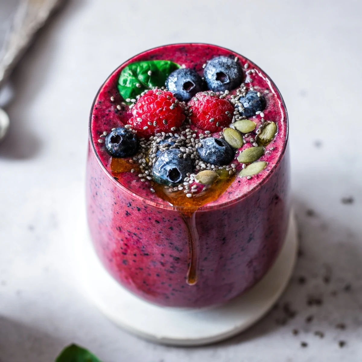 A glass of Winter Berry Smoothie topped with pumpkin seeds and berries