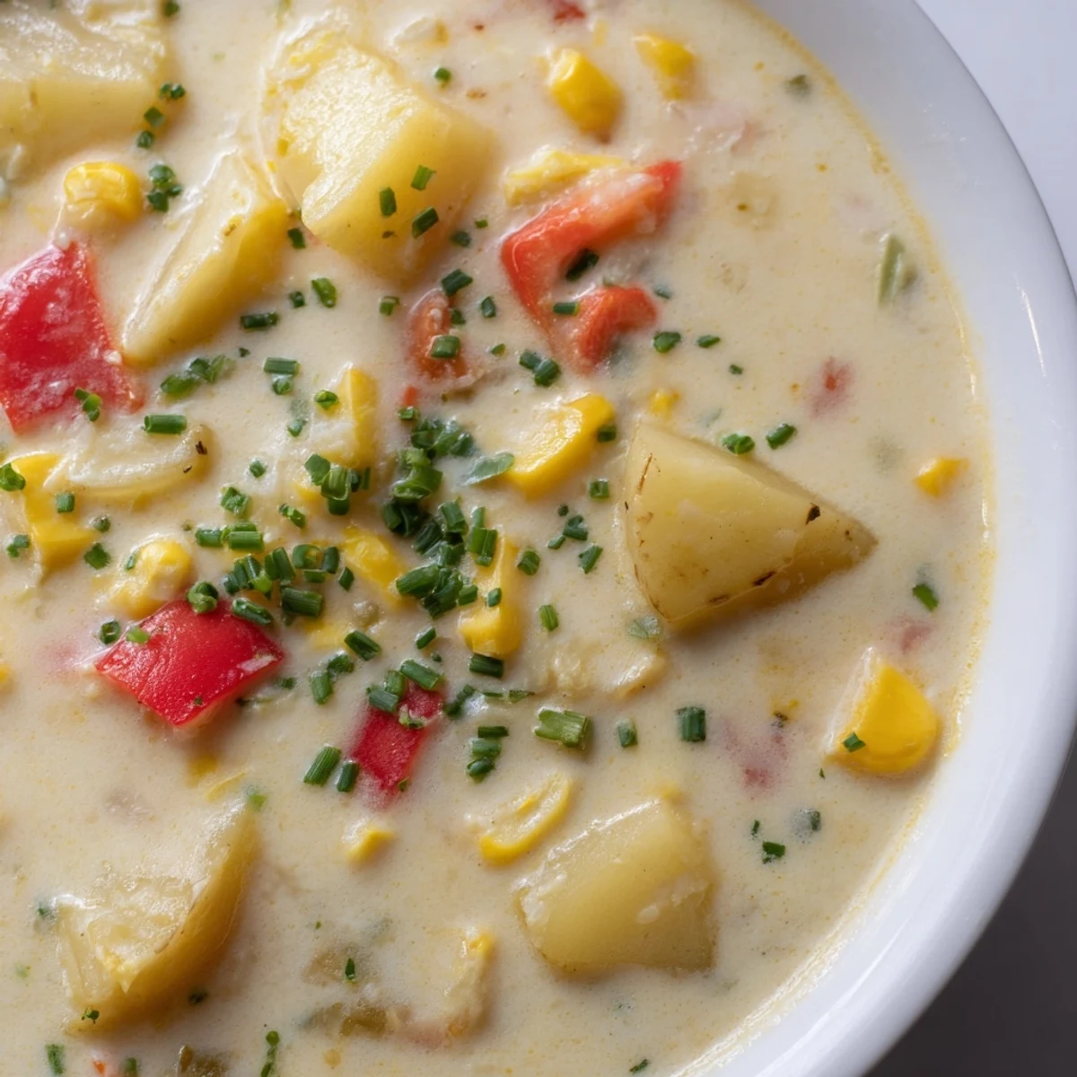 Creamy Corn Chowder with Red Peppers steaming in a rustic bowl, topped with fresh chives and served with crusty bread for dipping.