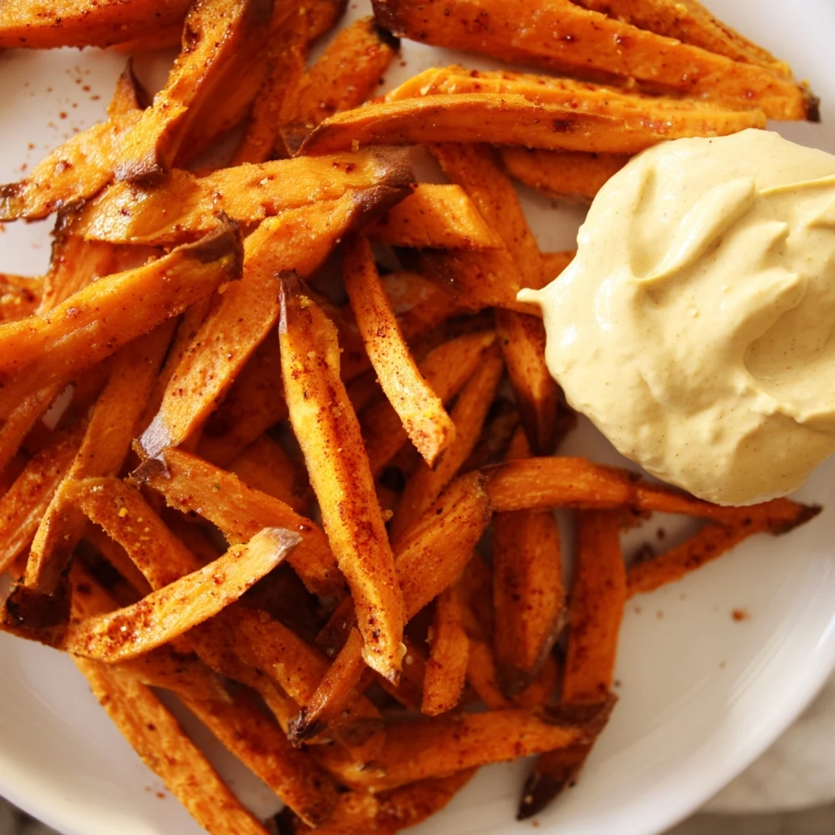 Close up of seasoned roasted sweet potato fries with creamy chipotle mayo dip.