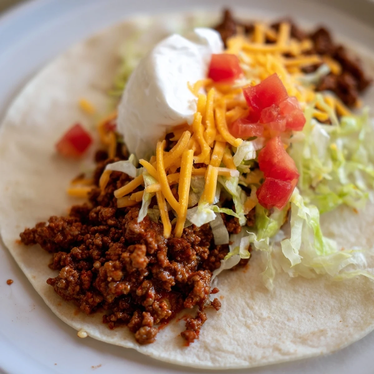 Juicy seasoned ground beef topped with melty cheddar and tangy sour cream in warm flour tortillas for Beef Tacos.