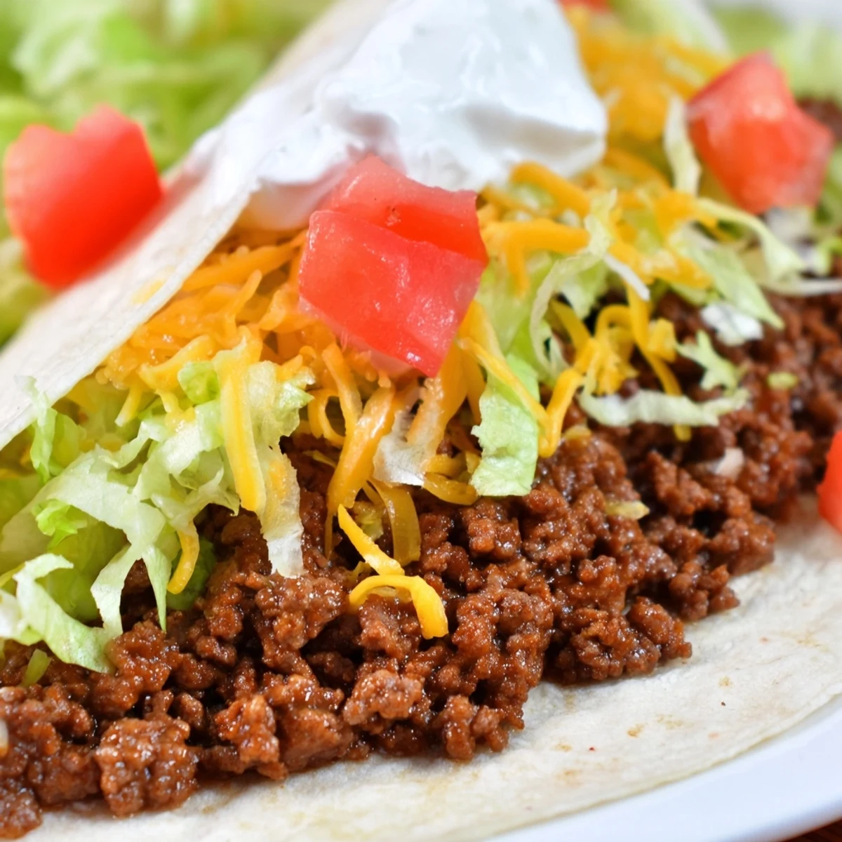 Freshly assembled Beef Tacos with shredded lettuce, diced tomatoes, and cilantro, ready to serve with lime wedges on a platter.