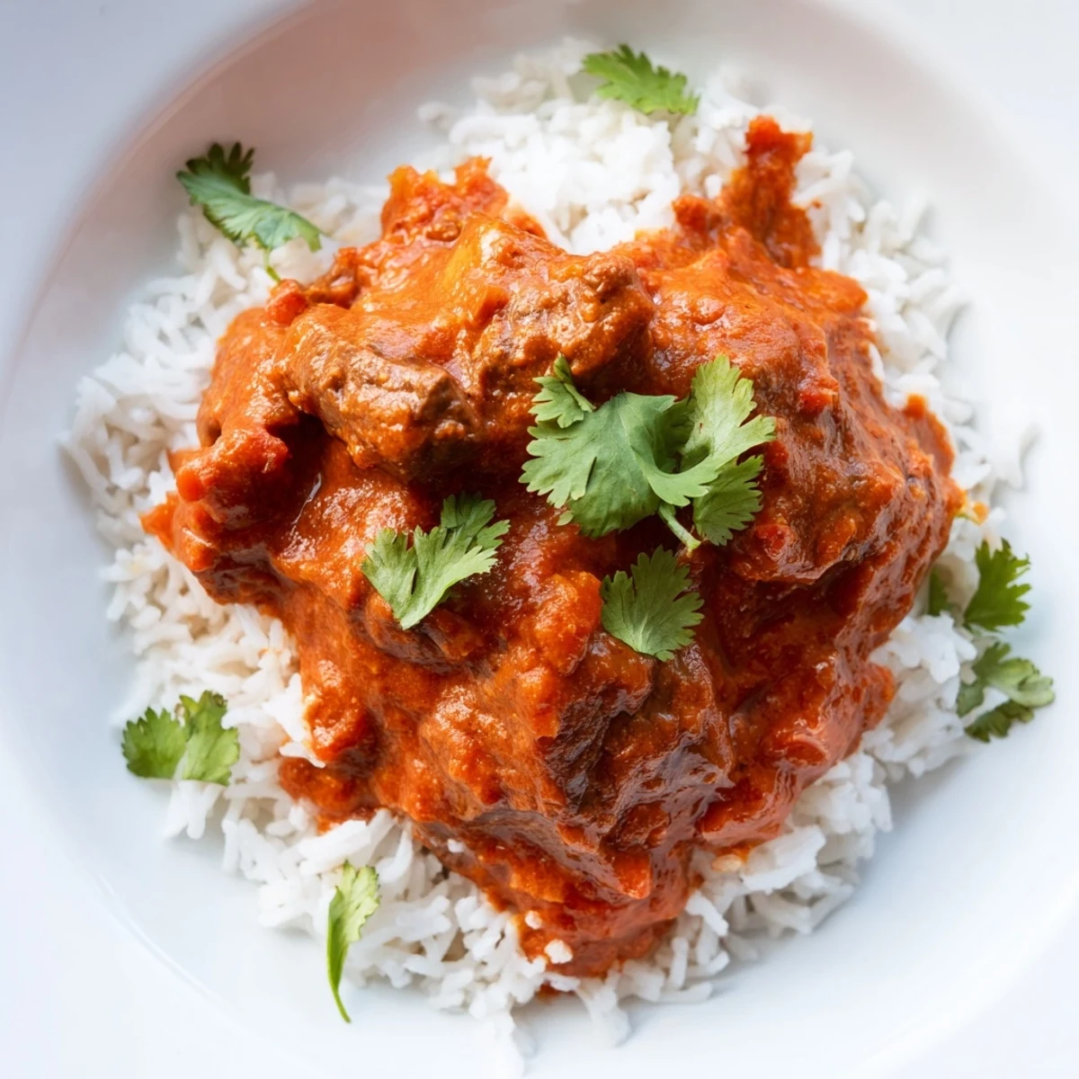 Steaming bowl of Spicy Beef Curry with Rice, garnished with fresh cilantro leaves.