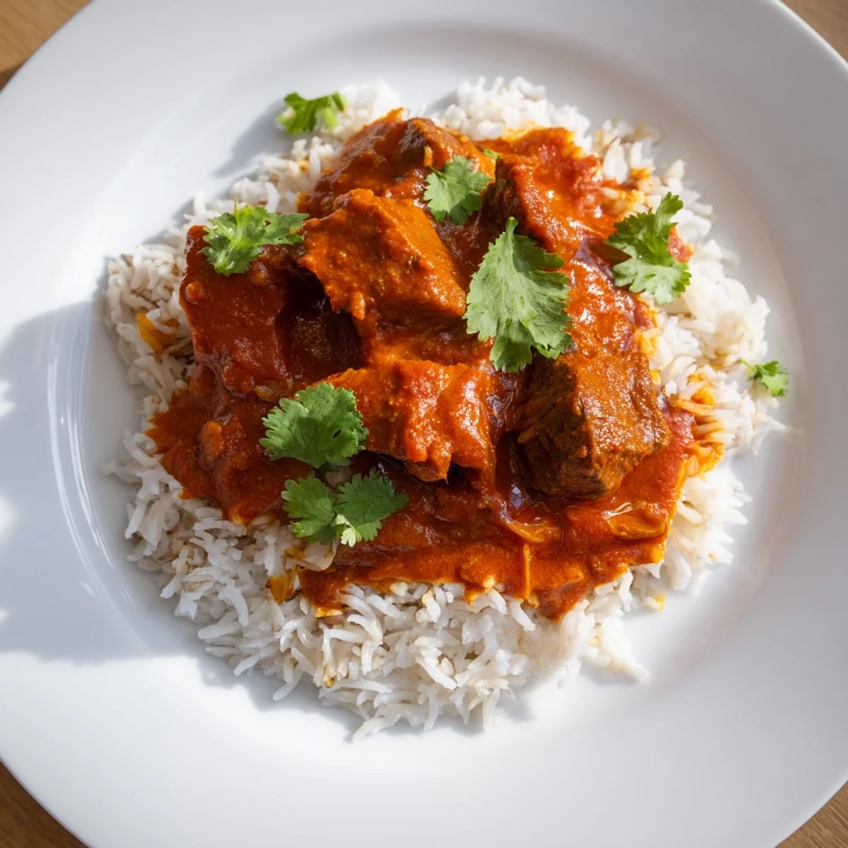 Spicy Beef Curry with Rice served over fluffy basmati rice next to warm naan bread.