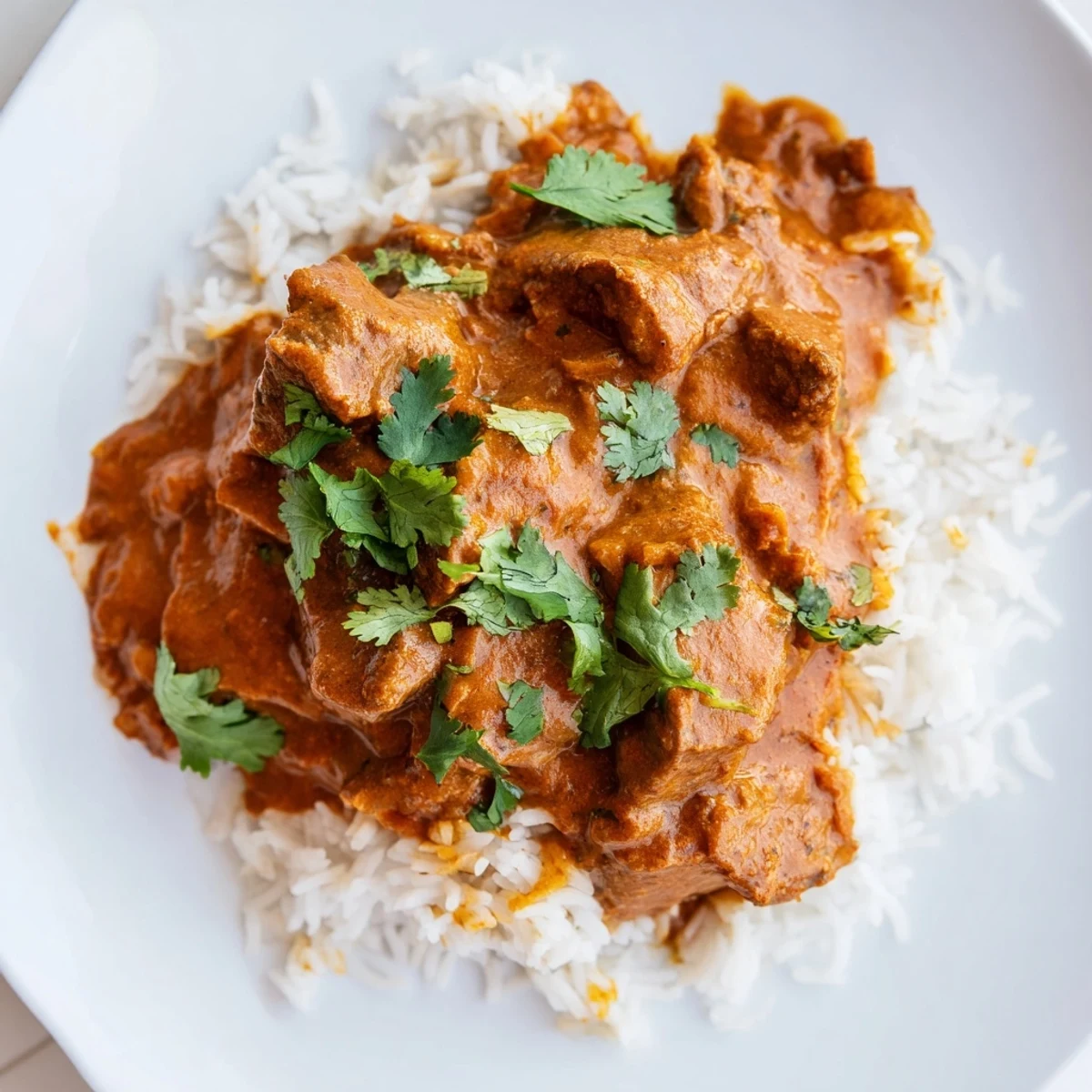 Tender beef cubes simmered in a rich, aromatic Spicy Beef Curry with Rice sauce.