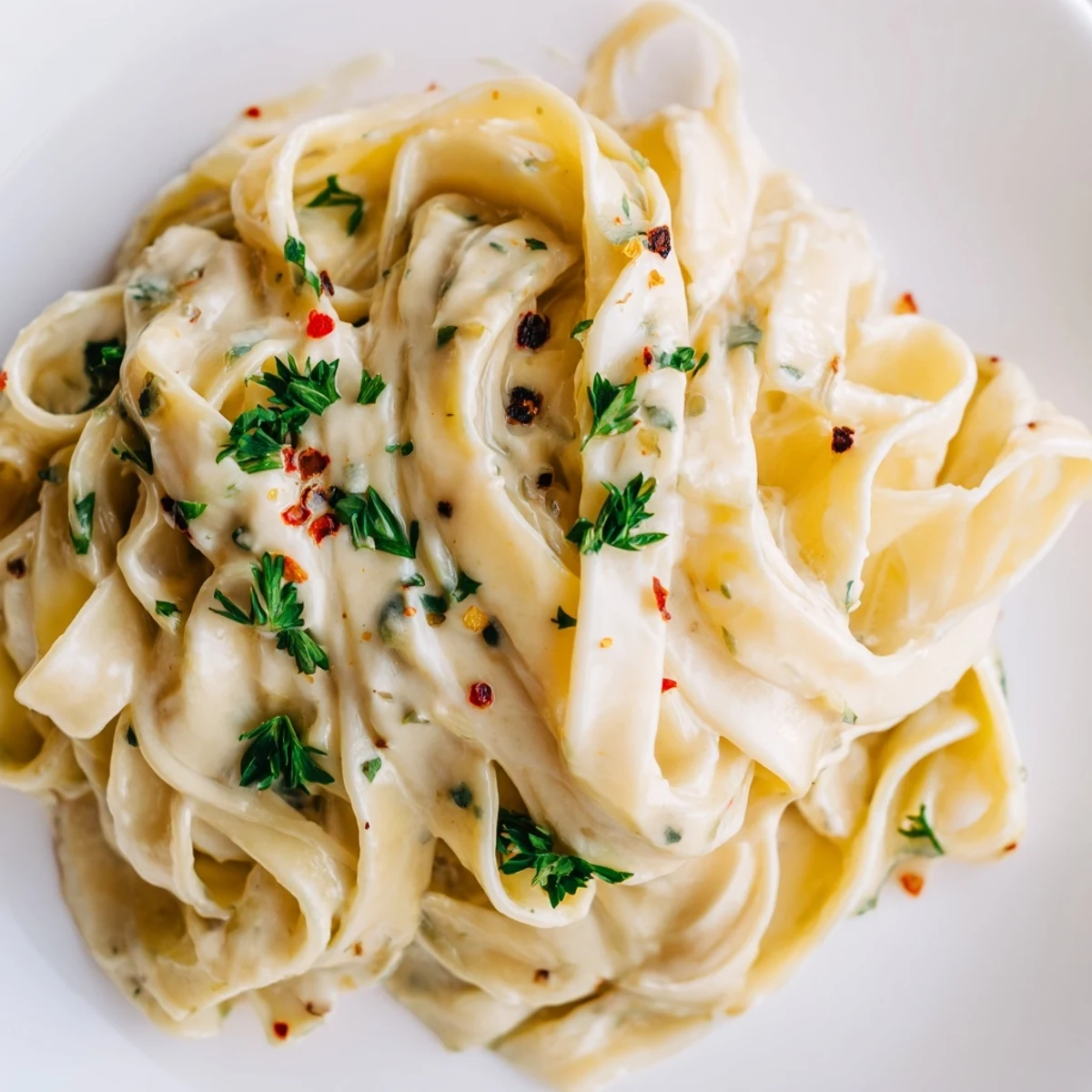 Creamy Garlic Pasta with Parsley twirls in a silky, glossy sauce, flecked with bright green herbs in a white bowl.