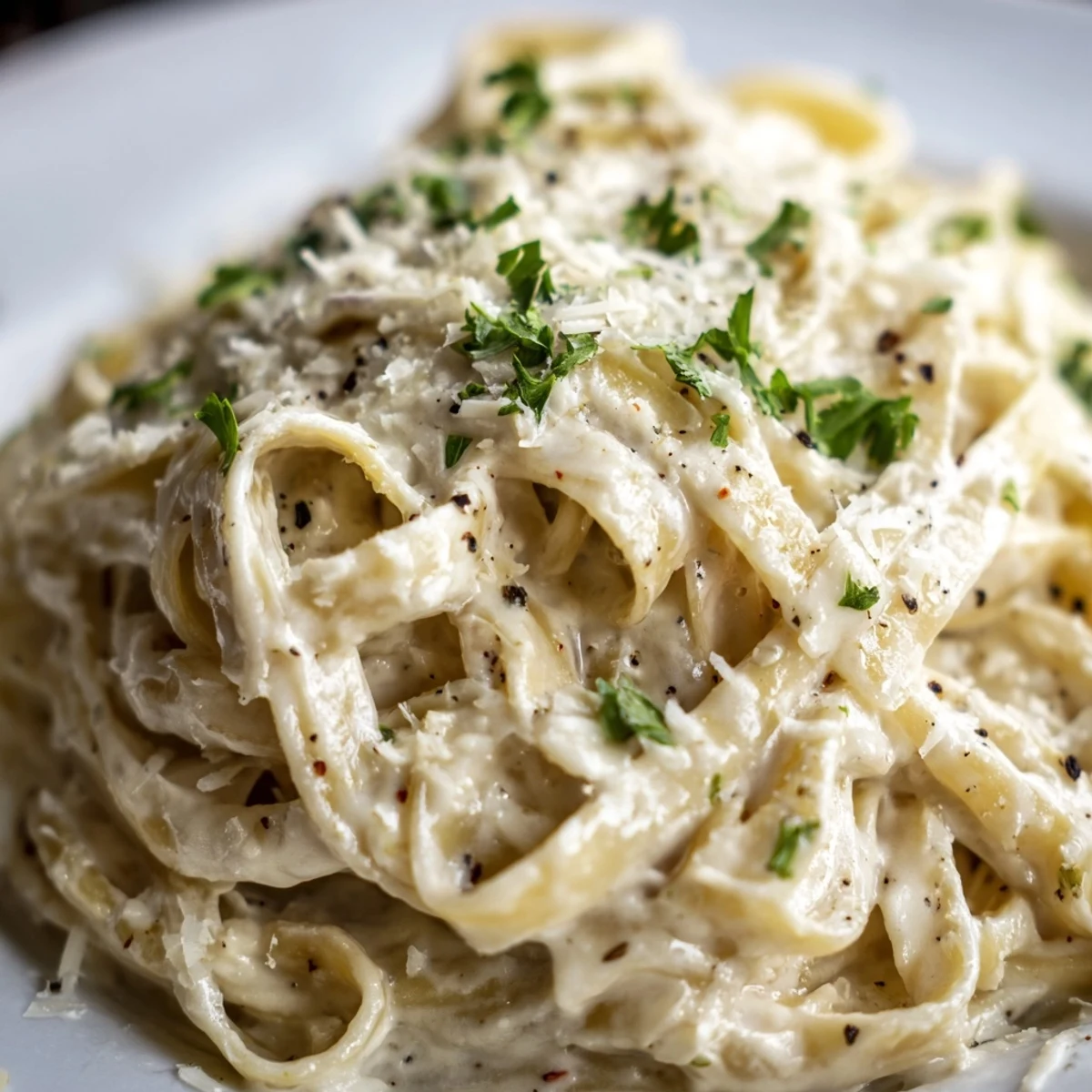 Steam rises from a skillet of Creamy Garlic Pasta with Parsley, showcasing fresh parsley and extra Parmesan on top.