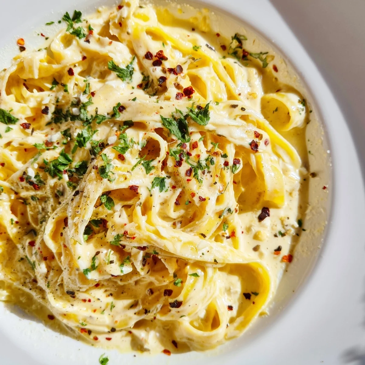 Ready-to-serve Creamy Garlic Pasta with Parsley in a warm bowl, garnished with parsley and a side of crusty bread.