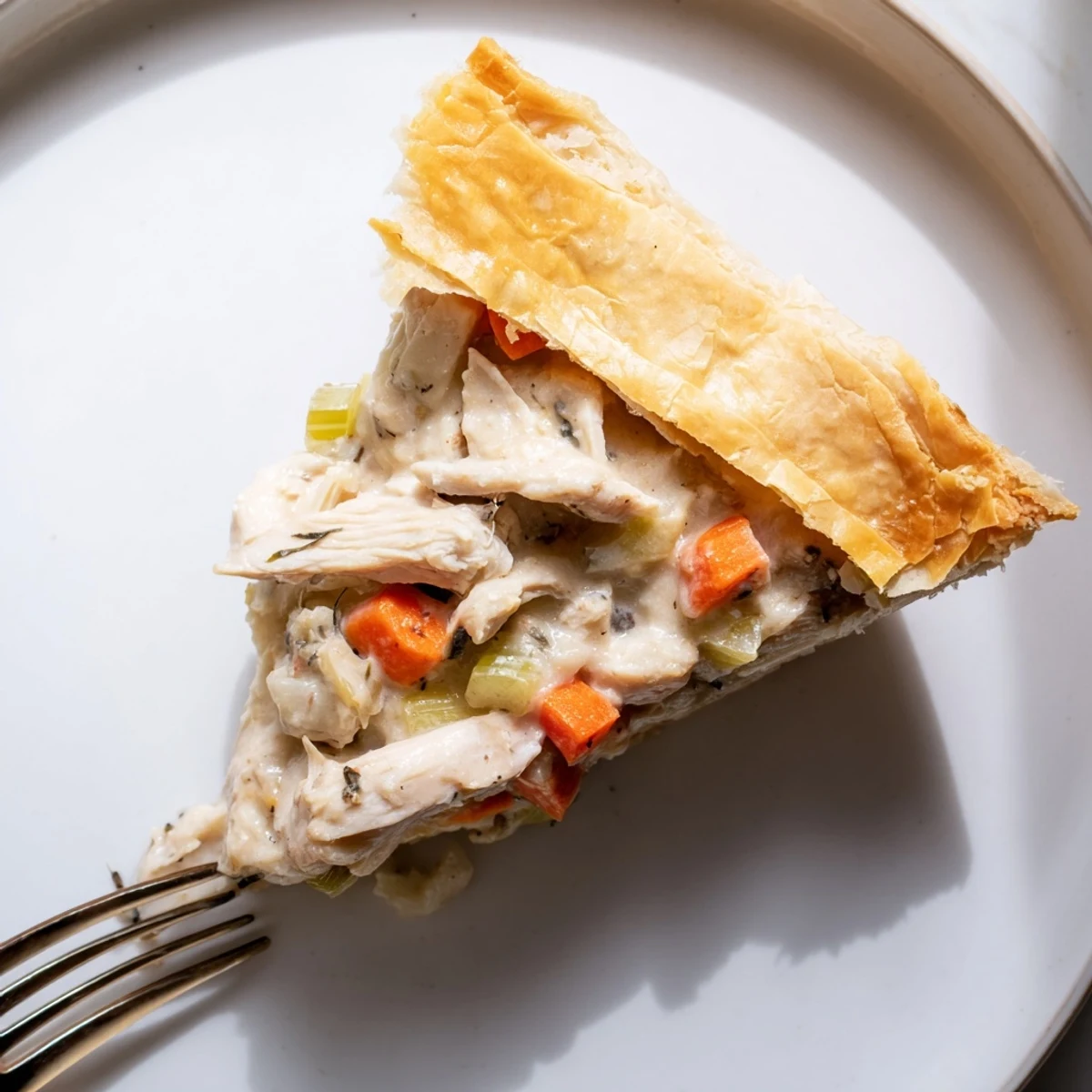 A single-serving slice of Savory Chicken and Leek Pie on a white plate, revealing a creamy filling of tender chicken and sweet leeks inside flaky golden crust.