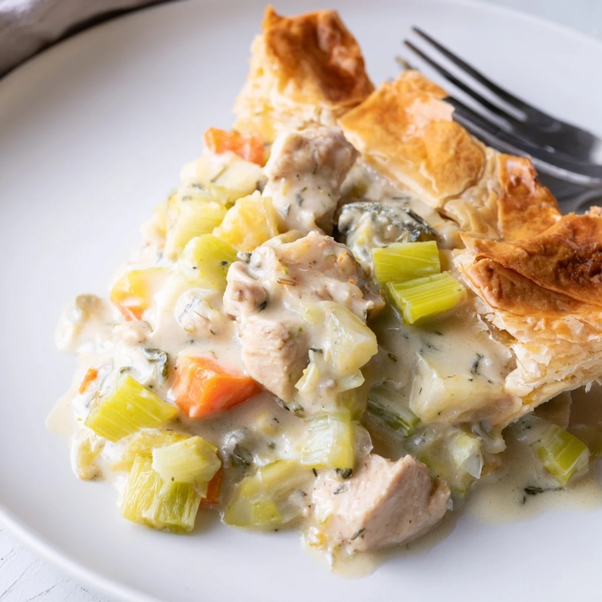Overhead view of Savory Chicken and Leek Pie ingredients arranged on a wooden board: diced chicken thighs, sliced leeks, carrots, fresh thyme, and puff pastry.