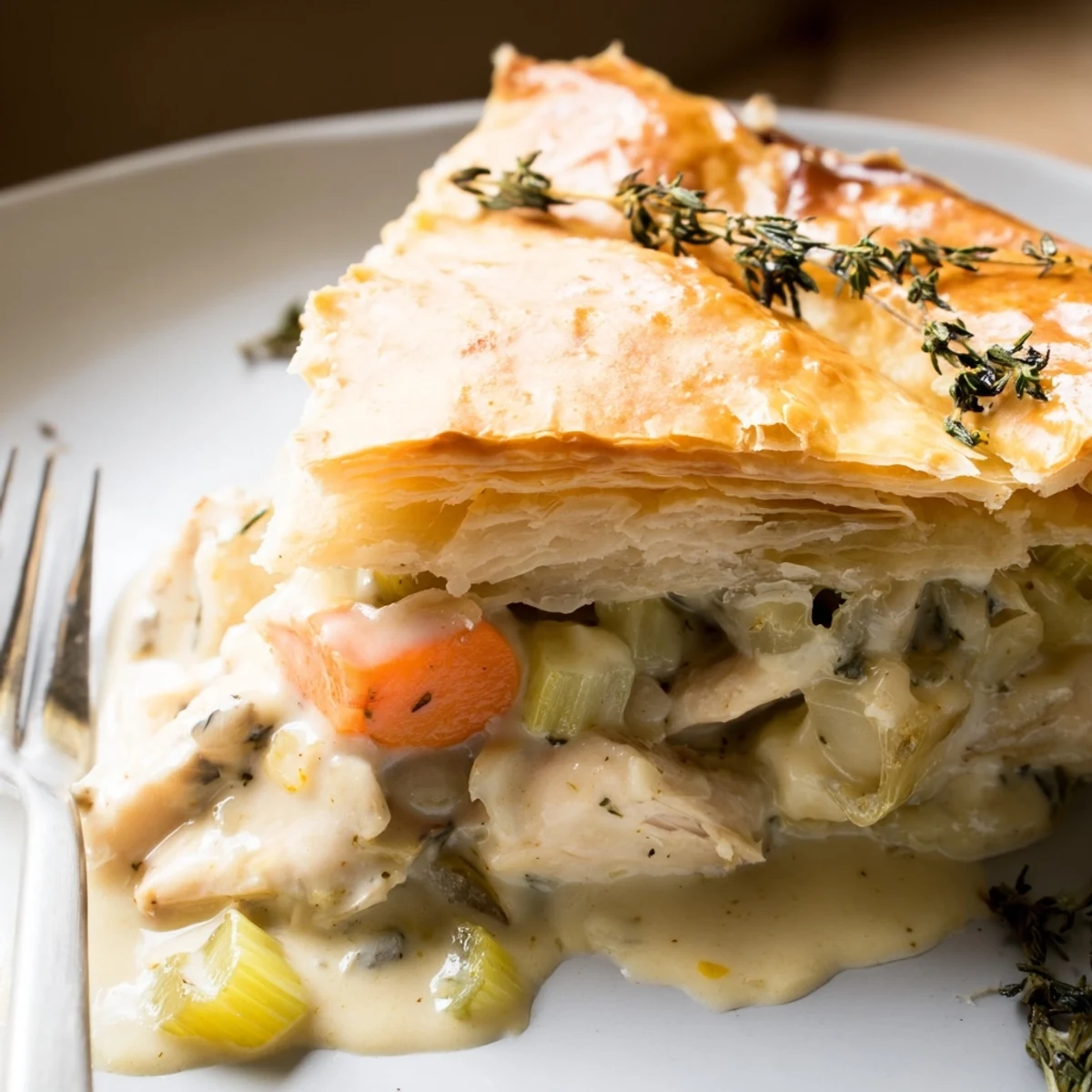 Freshly baked Savory Chicken and Leek Pie emerges from the oven with a golden, egg-glazed puff pastry top, rustic ceramic dish, steam rising for a cozy dinner.