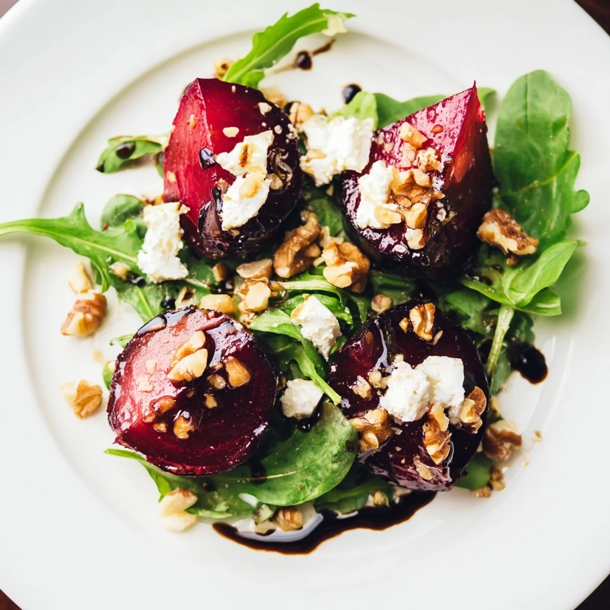 Roasted Beet and Feta Salad with Balsamic garnished with walnuts and fresh parsley on a rustic wooden board.