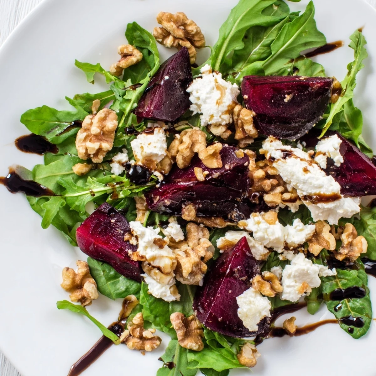 A vibrant Roasted Beet and Feta Salad with Balsamic topped with creamy feta and toasted walnuts, ready to serve.