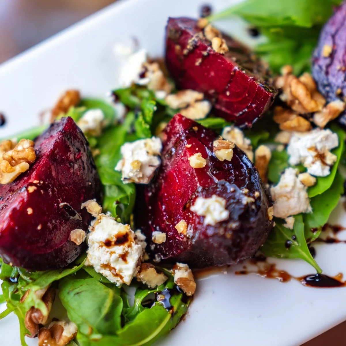 Roasted Beet and Feta Salad with Balsamic featuring ruby red beets on mixed greens with a tangy vinaigrette.