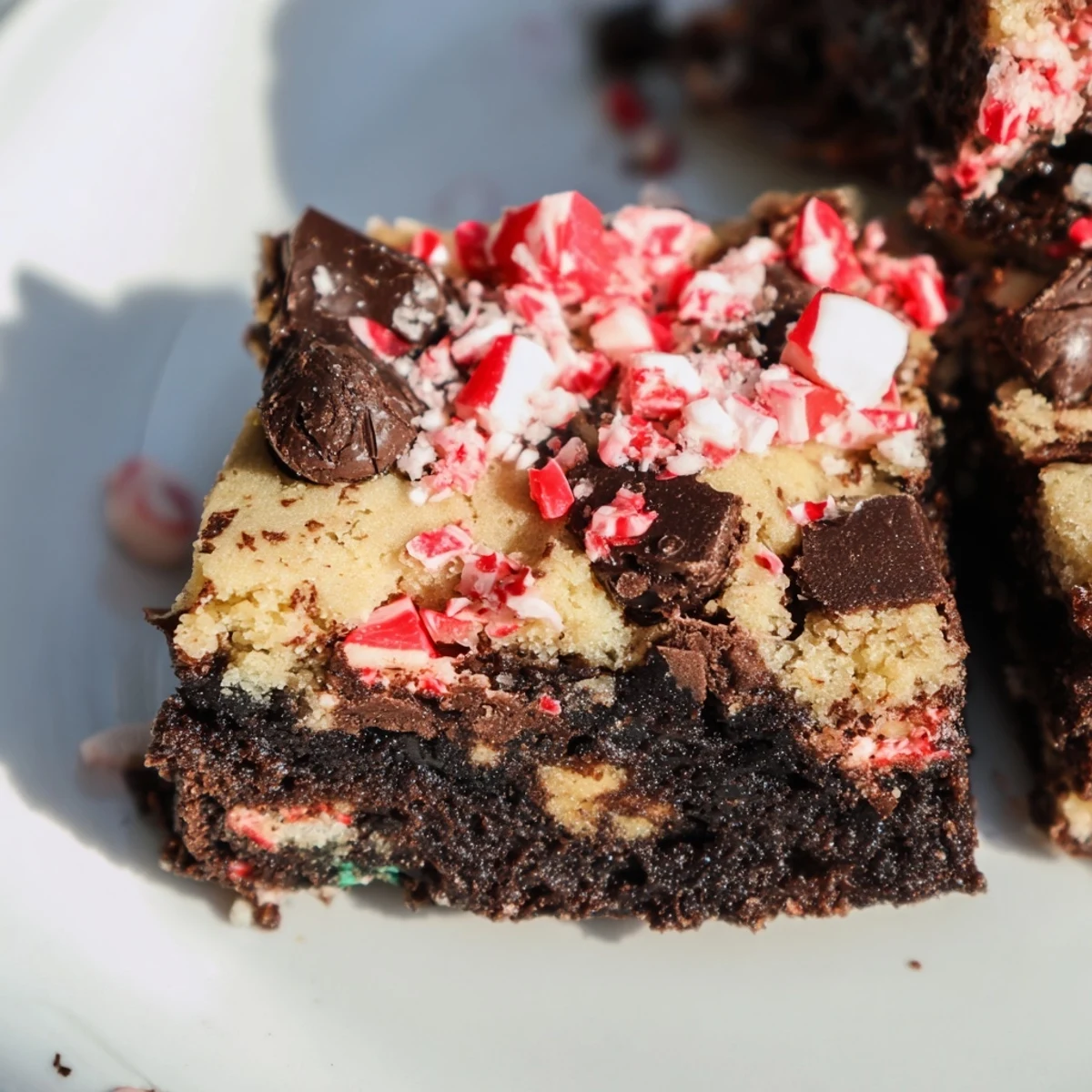 Freshly baked Peppermint Chocolate Chip Brookies with crackly brownie edges and soft cookie centers, sprinkled with crushed peppermint candy canes.