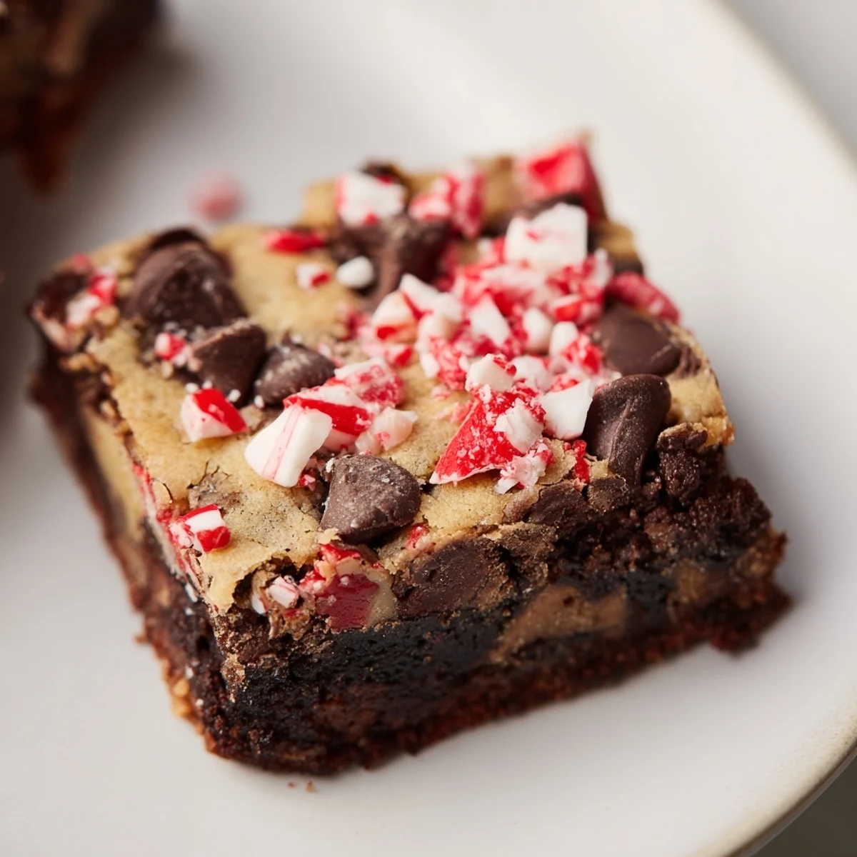Stack of warm Peppermint Chocolate Chip Brookies revealing gooey chocolate chips and festive red-and-white peppermint pieces in each slice.