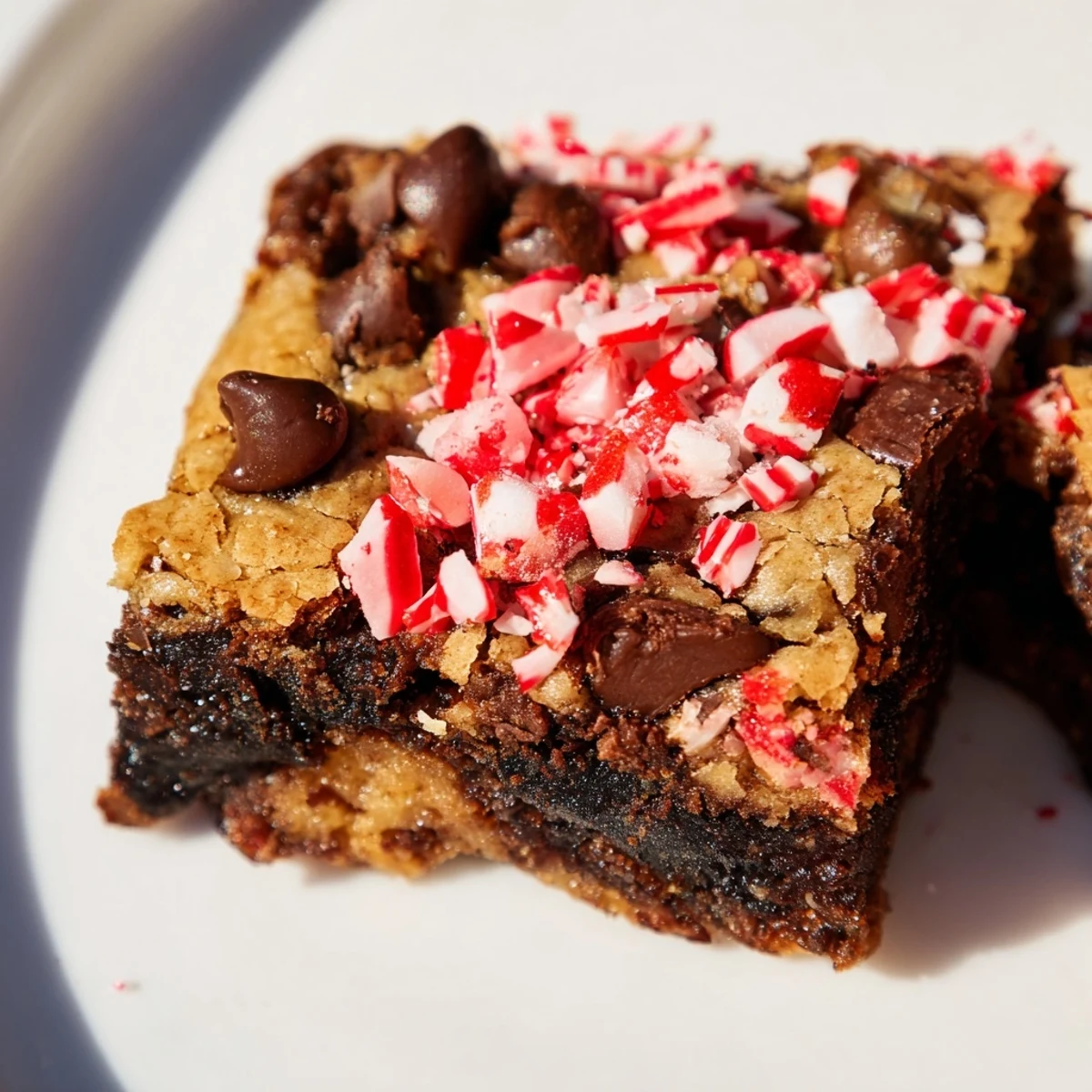 Holiday Peppermint Chocolate Chip Brookies served on a white plate, highlighting the rich chocolate layers and refreshing minty aroma.