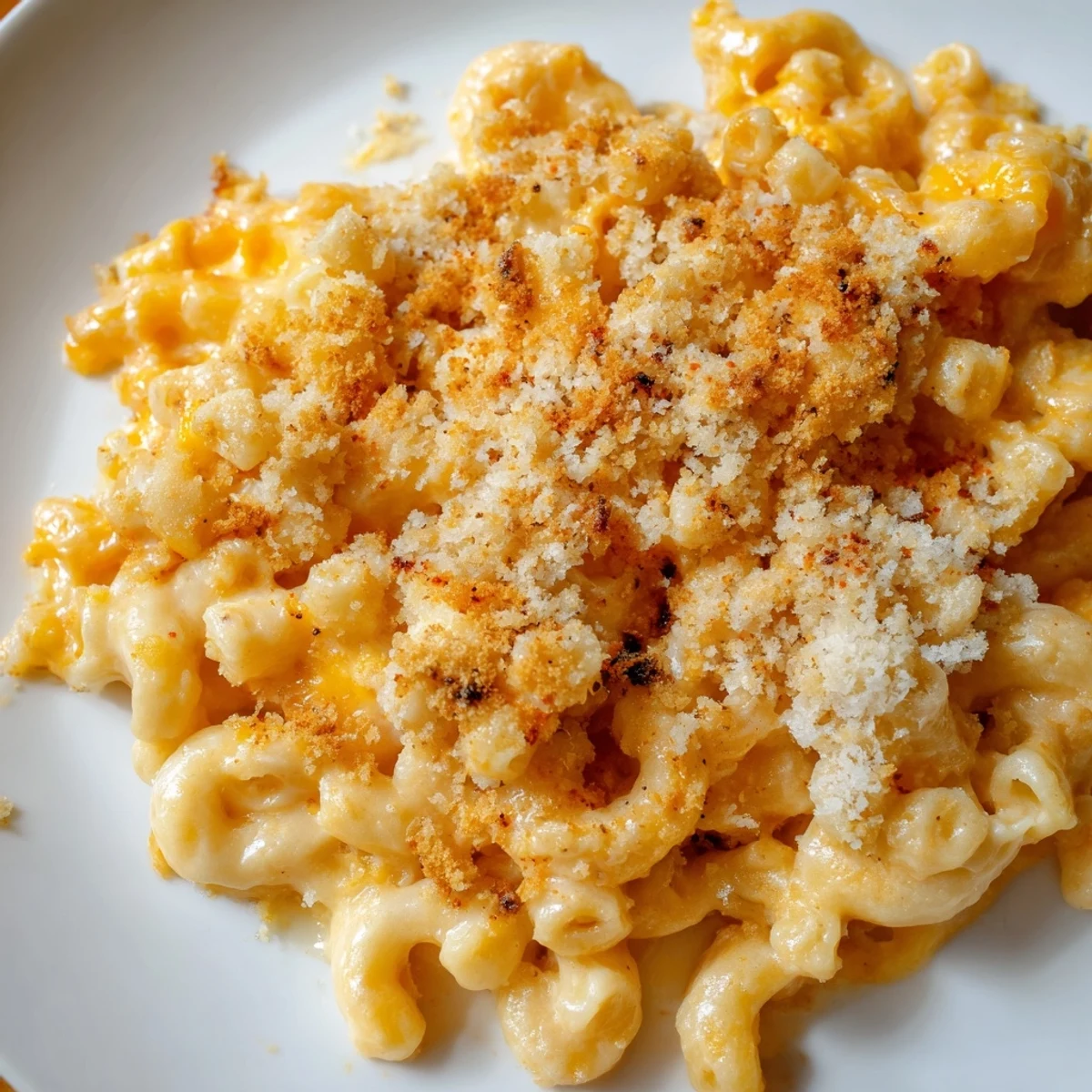 Golden Baked Macaroni and Cheese with Breadcrumb Topping is served on a white plate, creamy cheddar sauce clinging to pasta.