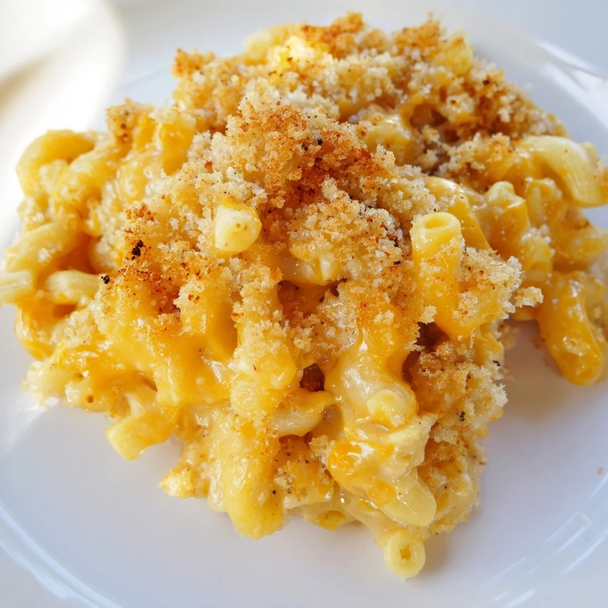 Close-up of Baked Macaroni and Cheese with Breadcrumb Topping, showing melted Gruyère strands and a crisp, buttery panko crust.