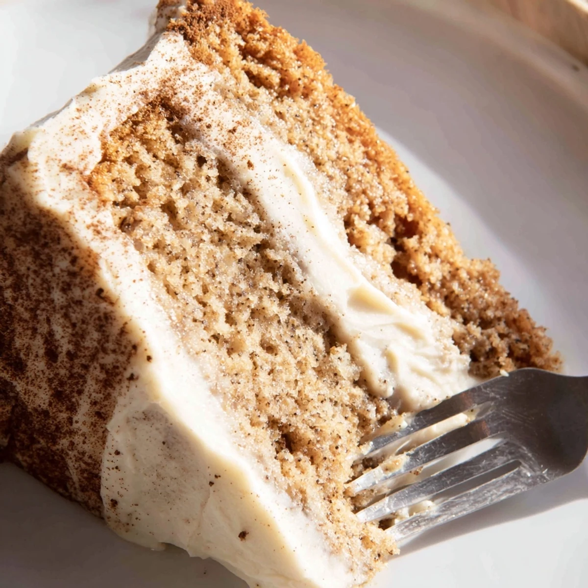 Freshly baked Spiced Chai Latte Cake layers with rich cream cheese frosting on a rustic wooden board.
