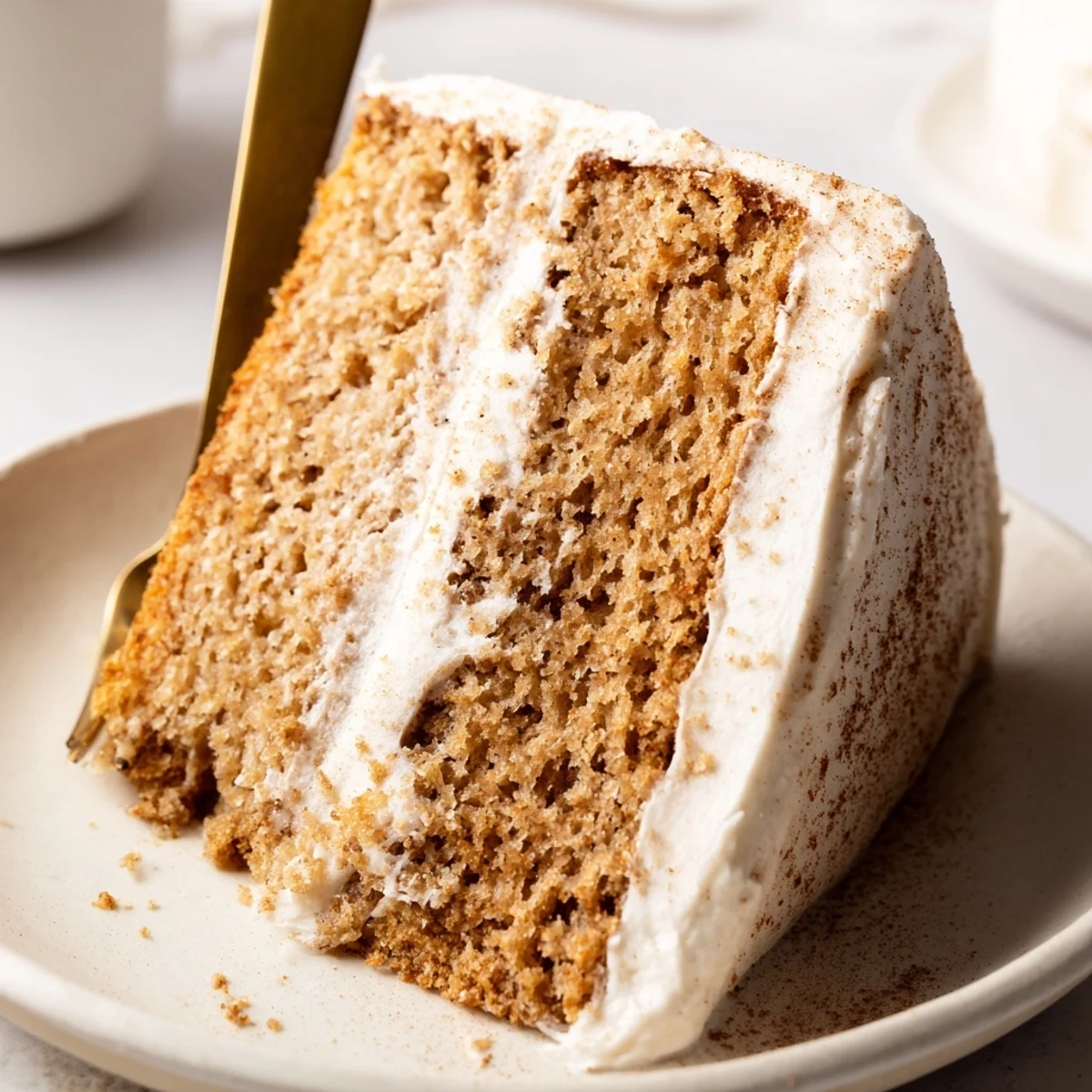 A moist slice of Spiced Chai Latte Cake shows warm chai spices and smooth frosting next to a steaming mug.