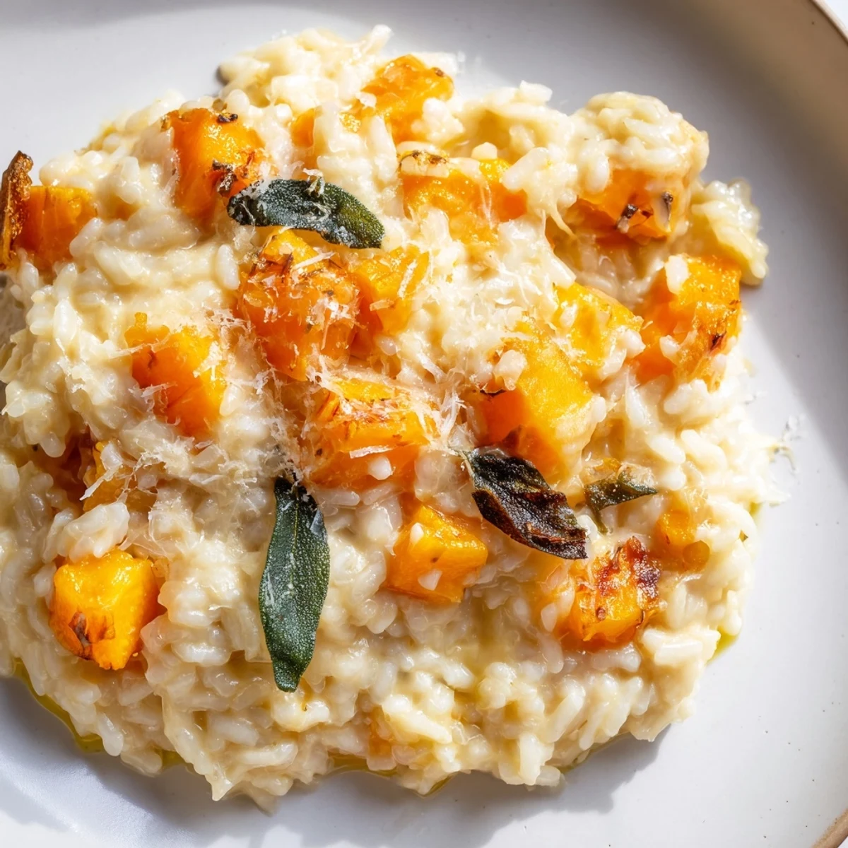 Creamy Butternut Squash Risotto with Crispy Sage is served in a rustic white bowl, garnished with golden sage leaves.