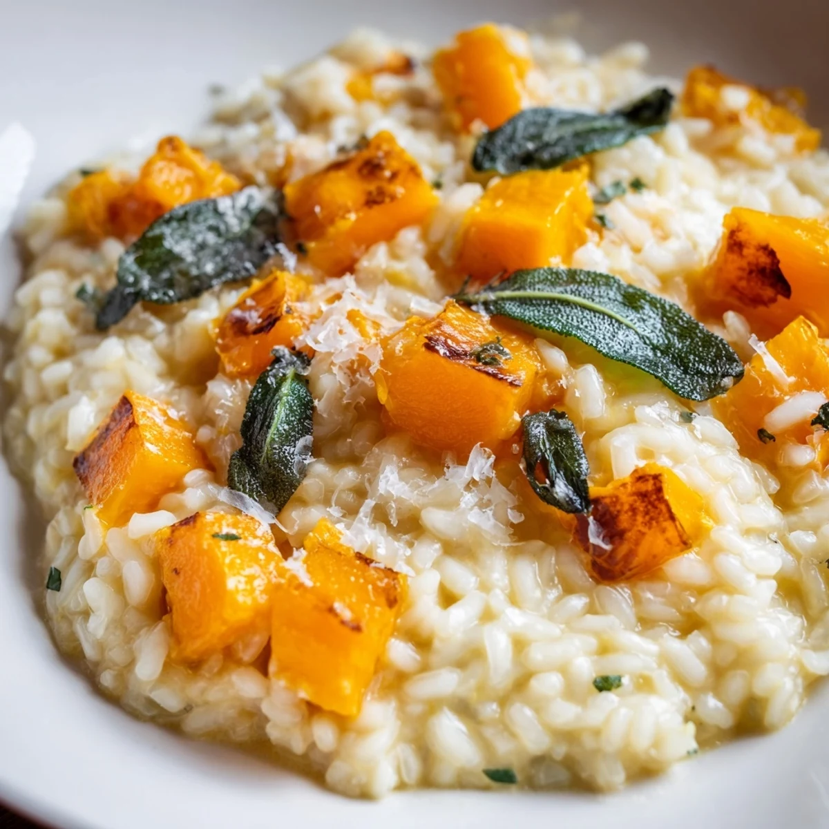 A spoon lifts a bite of Butternut Squash Risotto with Crispy Sage, revealing creamy Arborio rice and tender orange squash.