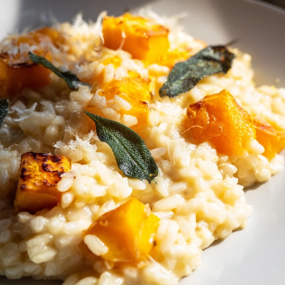 Butternut Squash Risotto with Crispy Sage is topped with golden sage leaves, resting on a warm plate with a fork.