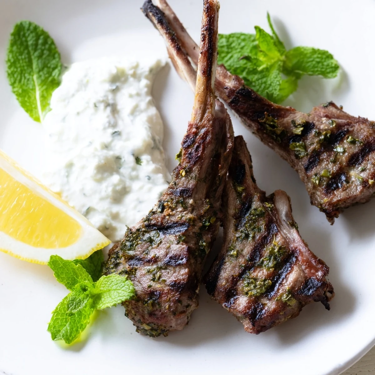 Grilled Lamb Cutlets with Mint Yogurt are perfectly charred on a grill and served with a vibrant, cool yogurt sauce.