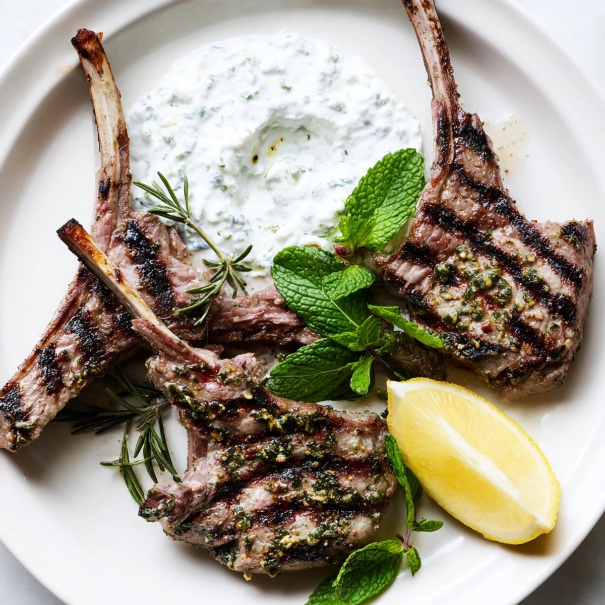 Succulent Grilled Lamb Cutlets with Mint Yogurt plated with lemon wedges and fresh herbs for a bright Mediterranean meal.