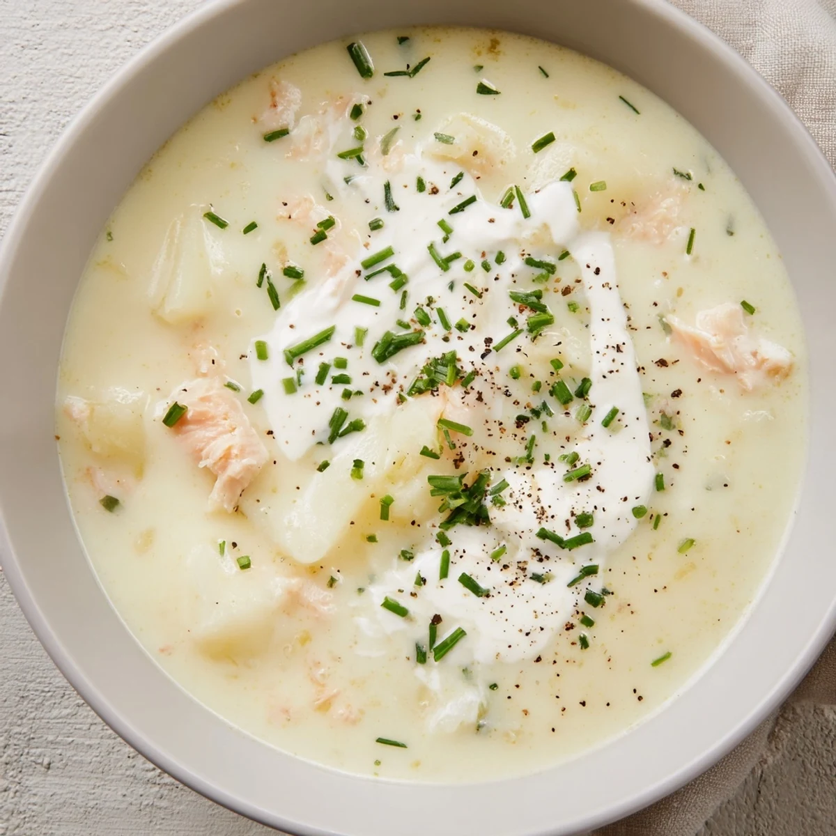 Creamy Potato and Smoked Haddock Soup served steaming hot in a rustic bowl, garnished with fresh chives and a drizzle of cream.