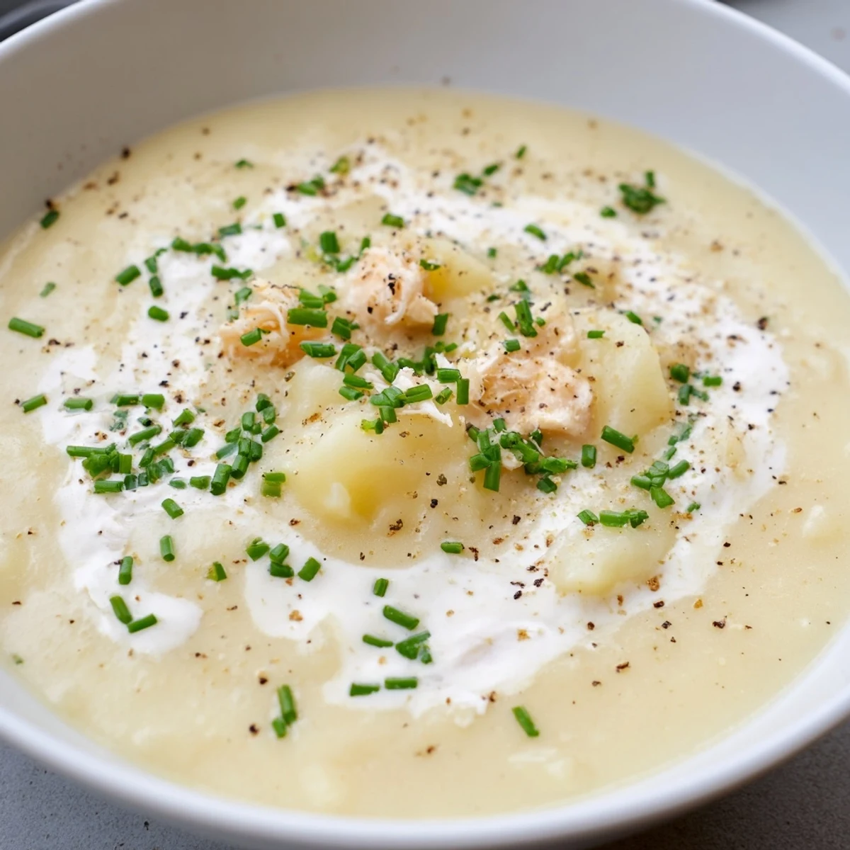 Close-up of Creamy Potato and Smoked Haddock Soup, showing flaky fish pieces and herbs floating in a rich, creamy base next to crusty bread.