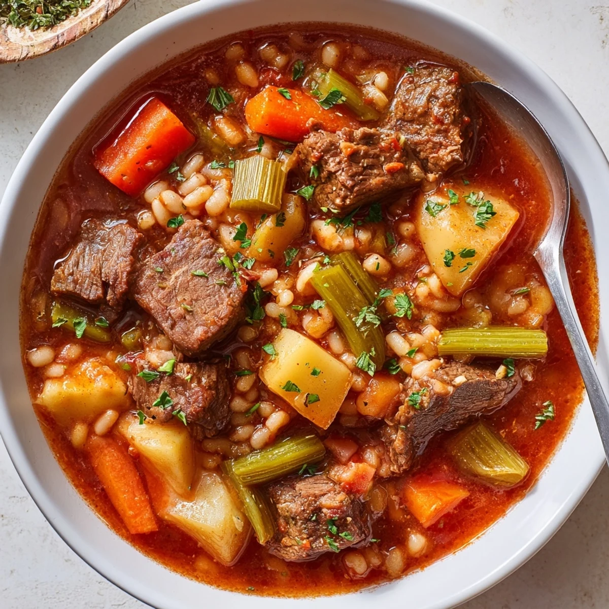 Thick, rustic Hearty Beef and Vegetable Barley Stew in a bowl with chunks of tender beef, carrots, and fresh parsley garnish.