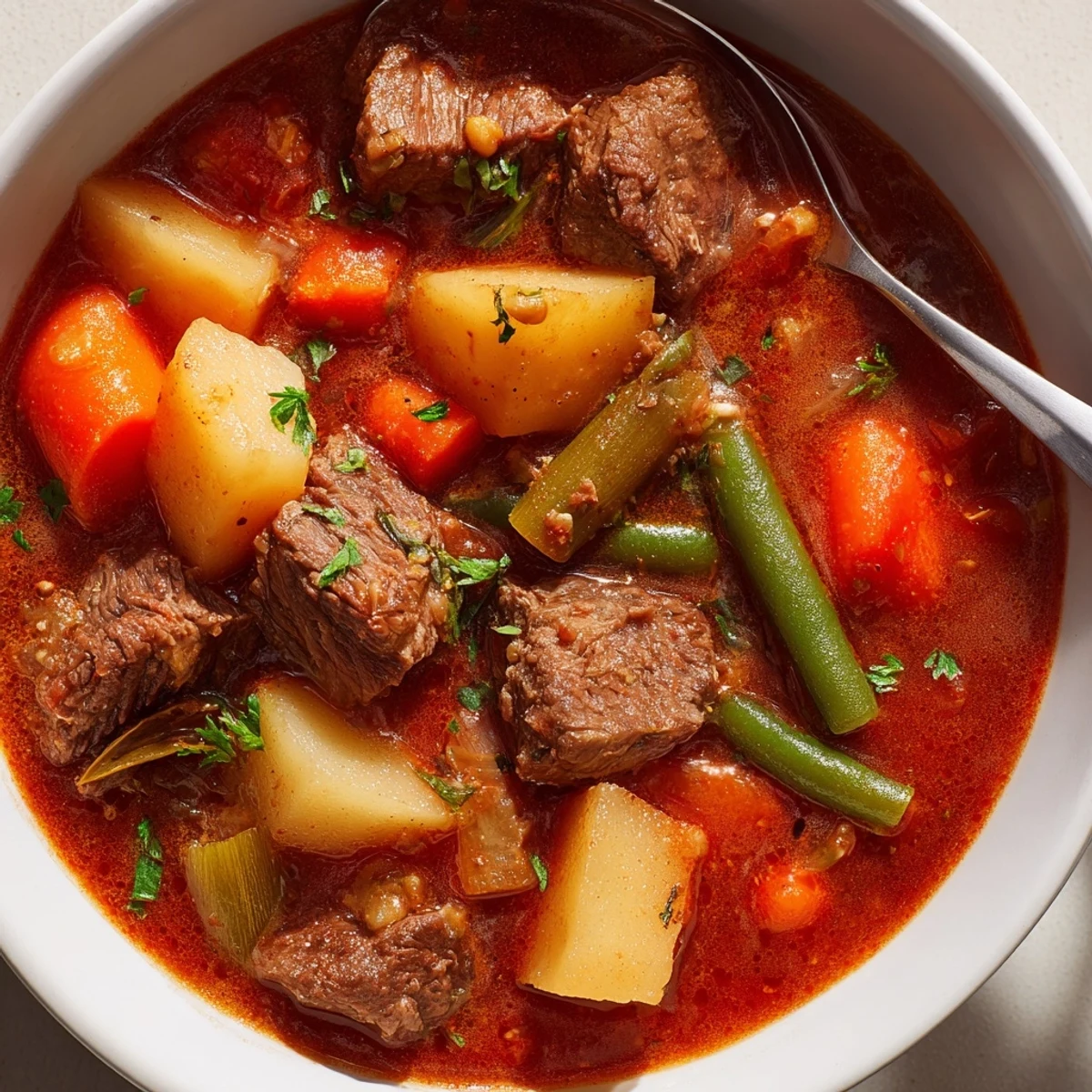 Steaming bowl of Hearty Beef and Vegetable Barley Stew featuring red potatoes, pearl barley, and green beans, ready to eat.