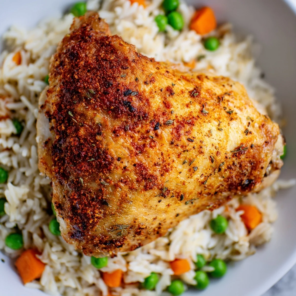 Golden, crispy-skinned chicken thighs rest on a bed of fluffy Baked Chicken with Rice, garnished with fresh parsley.