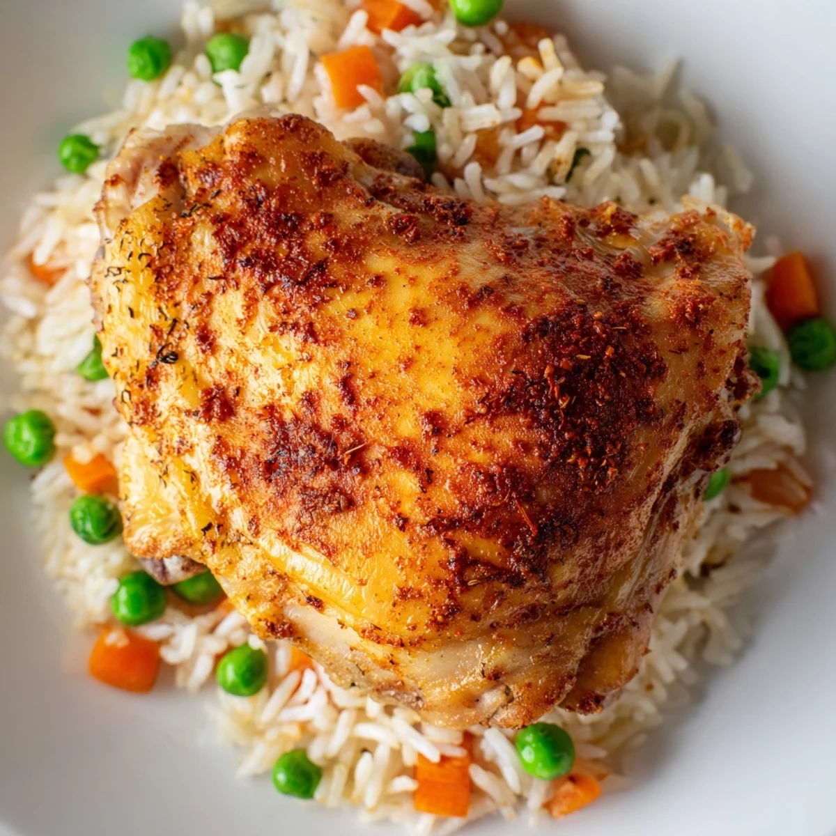 Family-style Baked Chicken with Rice served from a ceramic dish, perfect for an easy weeknight dinner with four portions.