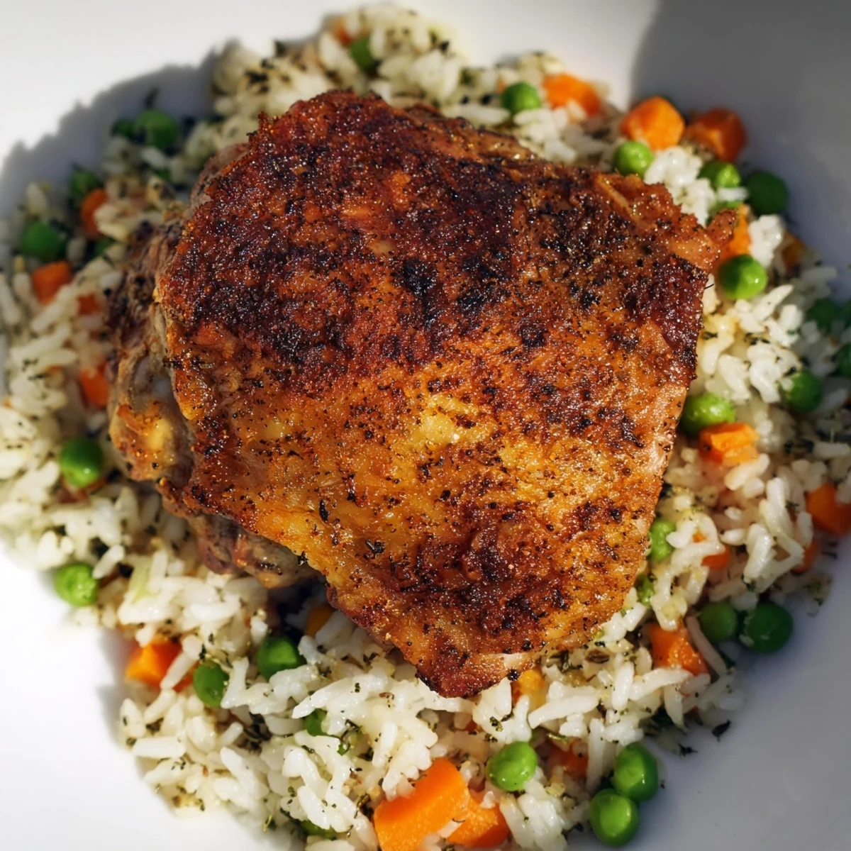A close-up of Baked Chicken with Rice reveals tender meat and steam rising from buttery rice with peas and carrots.