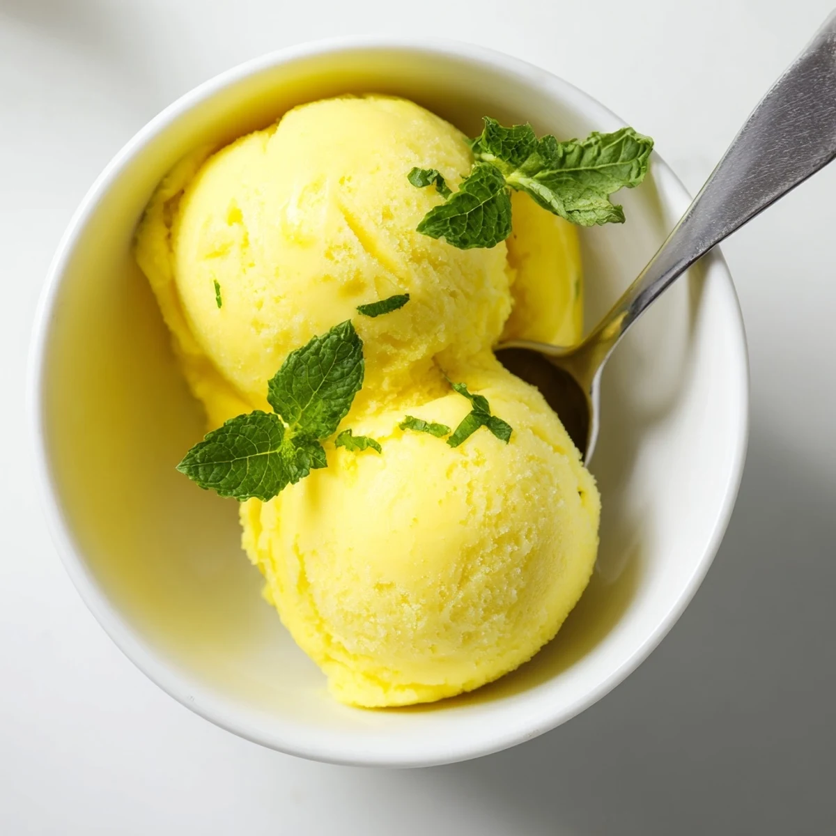 Fresh scoops of Lemon Sorbet with Mint in a chilled glass bowl, garnished with mint leaves and lemon zest.
