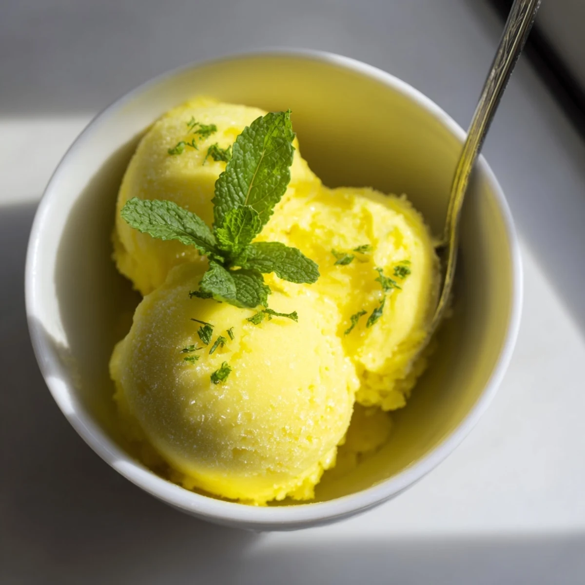 Lemon Sorbet with Mint being scooped from a freezer container, showing its bright yellow, icy texture.