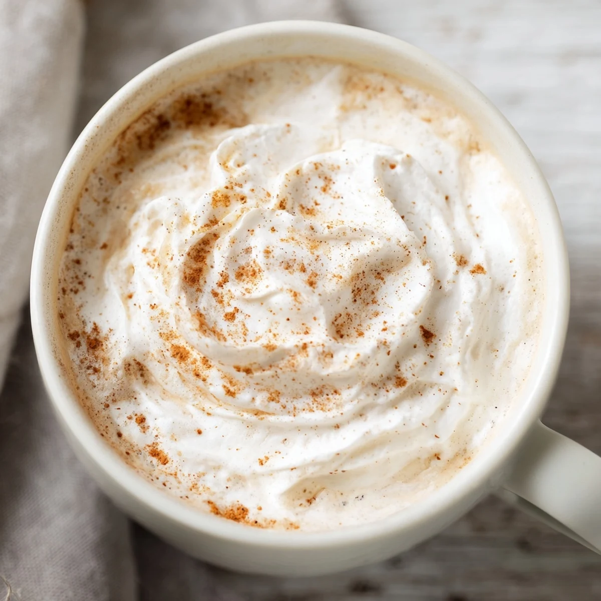 Creamy spiced cinnamon drink steaming in a mug, topped with whipped cream and a dusting of ground cinnamon.
