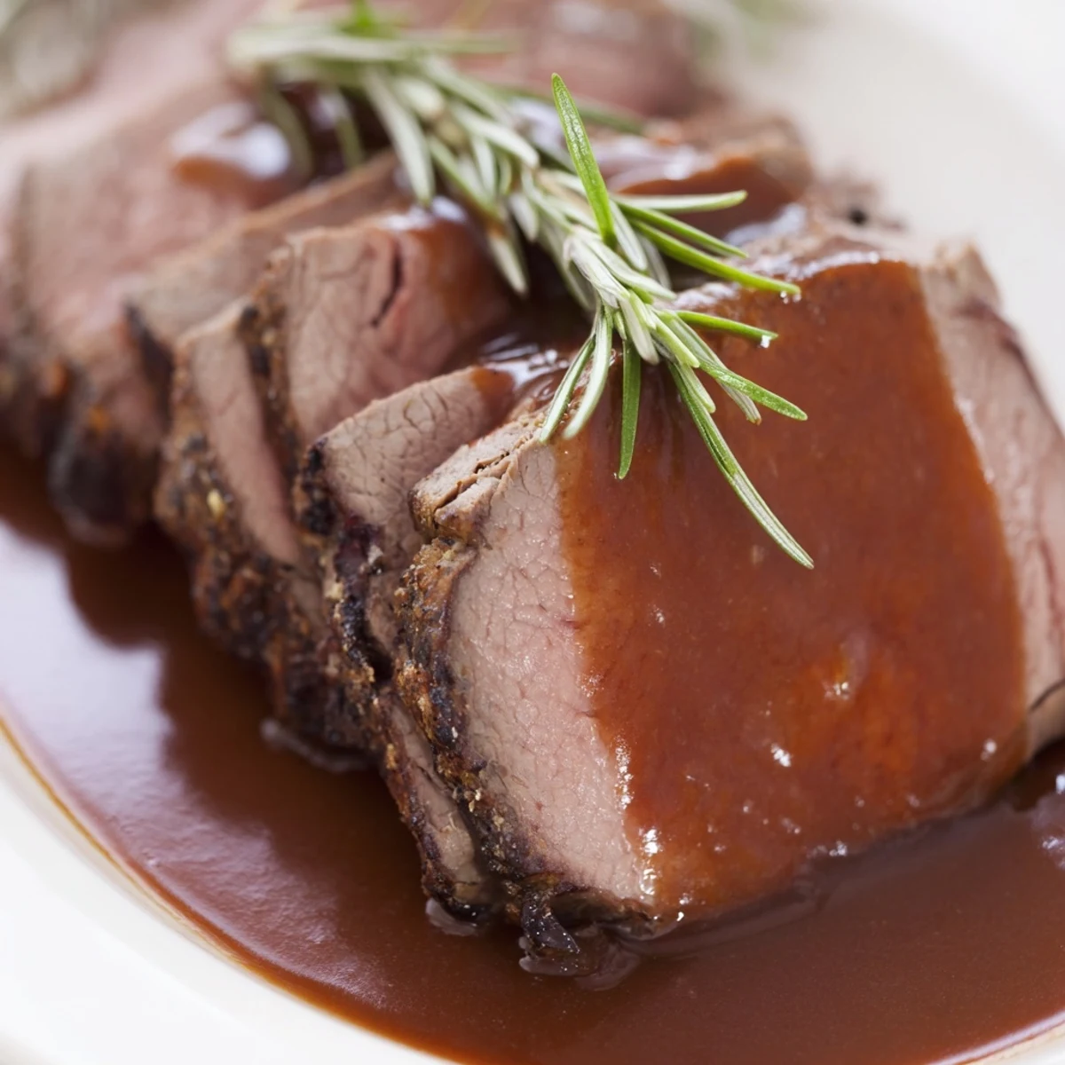 Golden-brown beef roast with rosemary and thyme, surrounded by caramelized carrots and onions, drizzled with dark, glossy gravy.