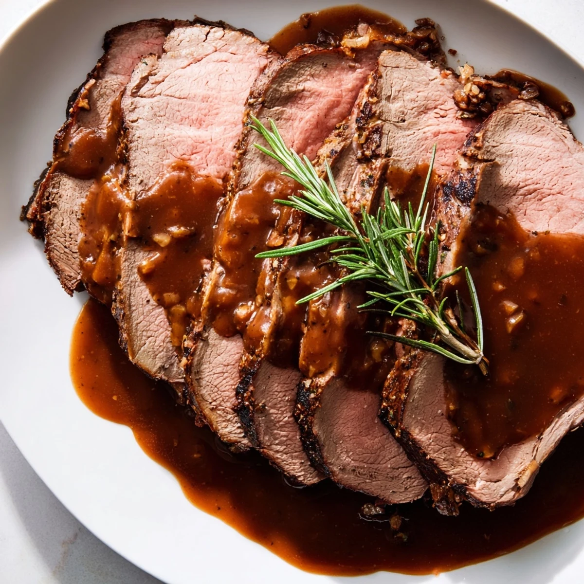 Freshly made, thick gravy being poured over tender slices of Roasted Meat with Gravy, served alongside fluffy mashed potatoes.