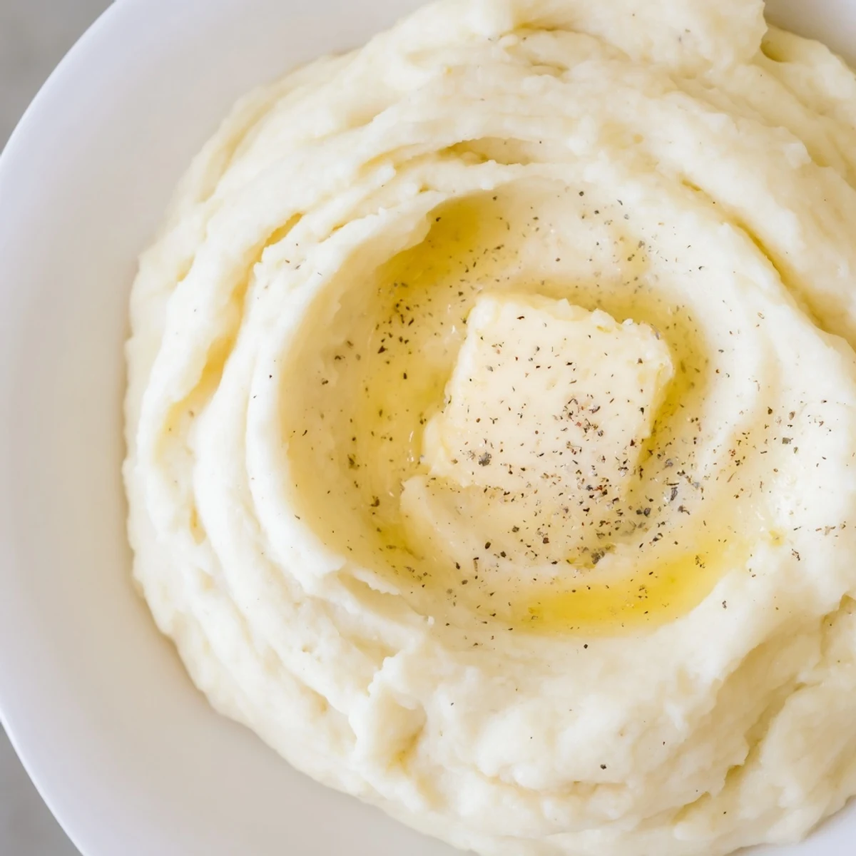 Close-up of Creamy Mash with Butter in a white dish, highlighting smooth, buttery peaks and fresh cracked pepper.