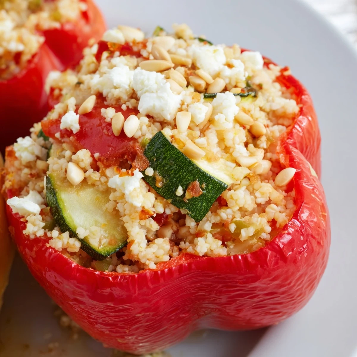 Vibrant bell peppers overflowing with Mediterranean couscous, diced vegetables, fresh herbs, and crumbled feta cheese ready to serve.