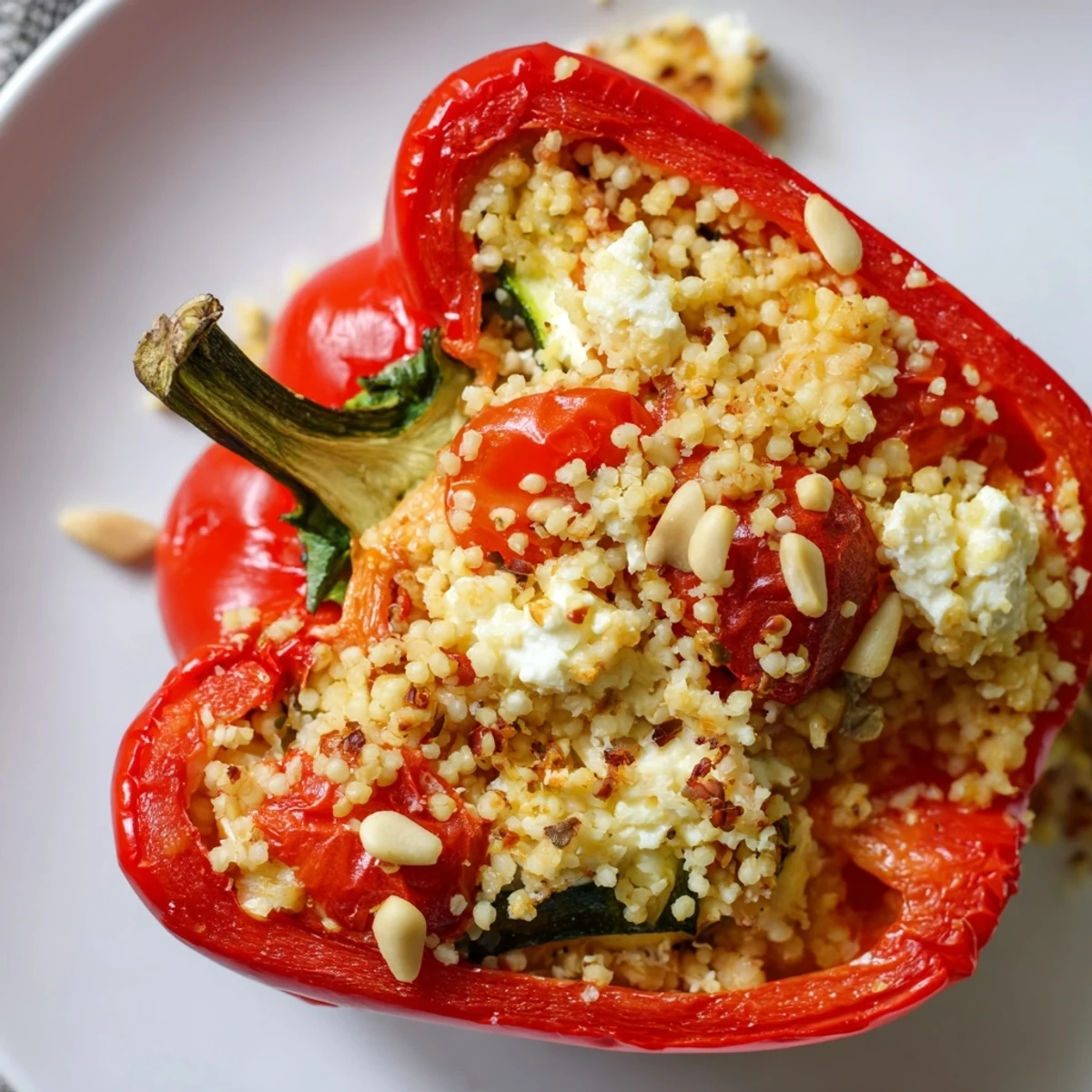 Golden Mediterranean Stuffed Peppers with Couscous are baked until tender, topped with melted feta and crunchy pine nuts.