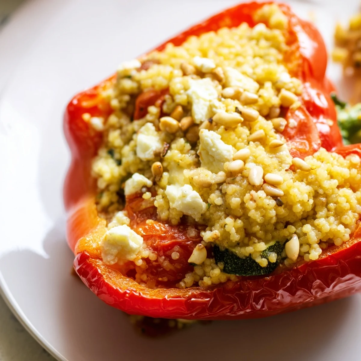 Freshly baked Mediterranean Stuffed Peppers with Couscous, showing golden edges and a hearty vegetarian filling for a healthy dinner.