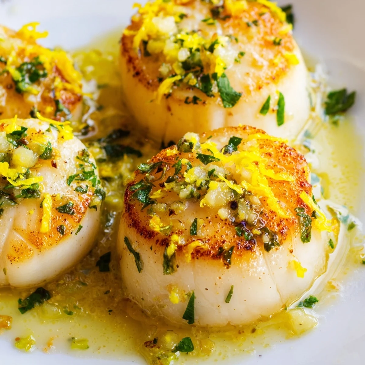 Golden-brown Garlic Butter Scallops with Lemon Zest sizzling in a cast-iron skillet with melted butter and minced garlic.