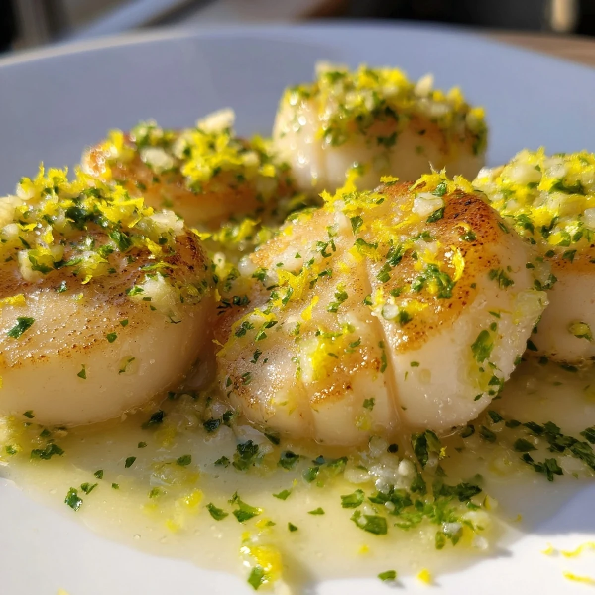 Plated Garlic Butter Scallops with Lemon Zest served over creamy risotto, drizzled with a fragrant garlic butter pan sauce.