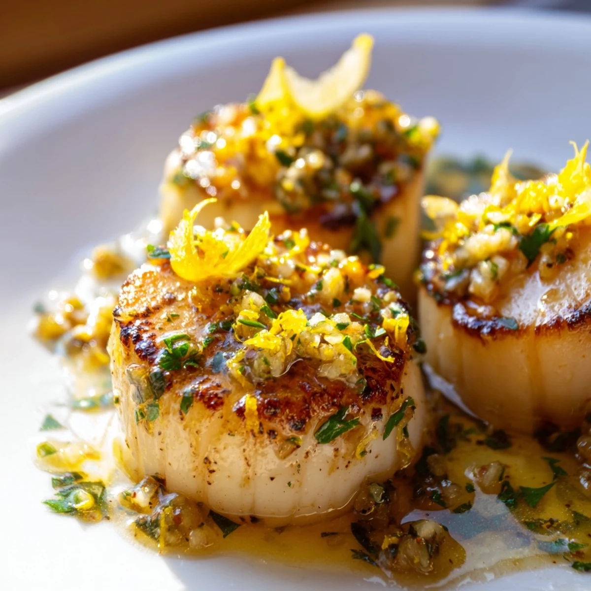 Freshly zested lemon and chopped parsley garnish these succulent Garlic Butter Scallops with Lemon Zest on a white plate.