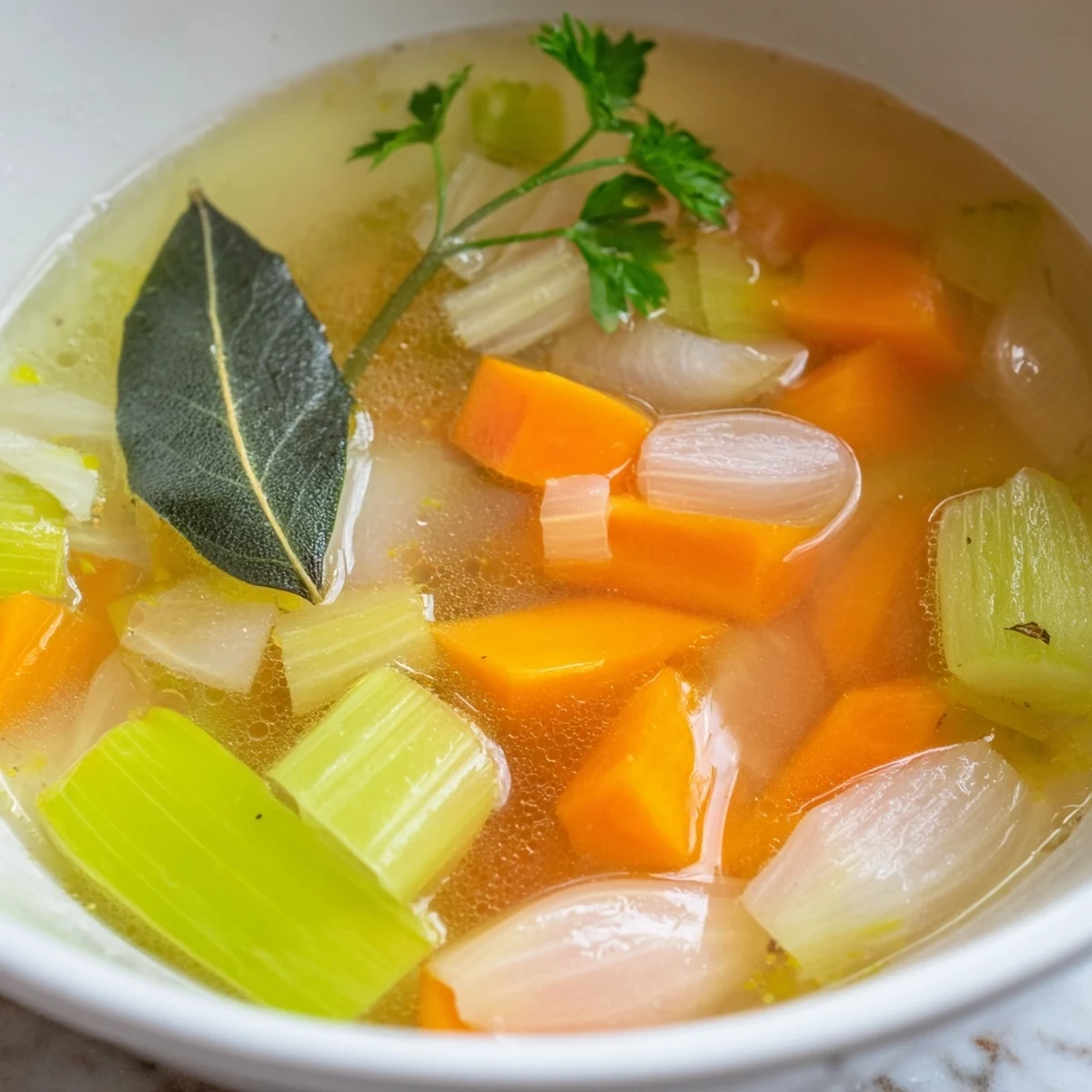 Clear glass bowl filled with vibrant Homemade Vegetable Broth with Herbs, surrounded by fresh chopped carrots, celery, and parsley.