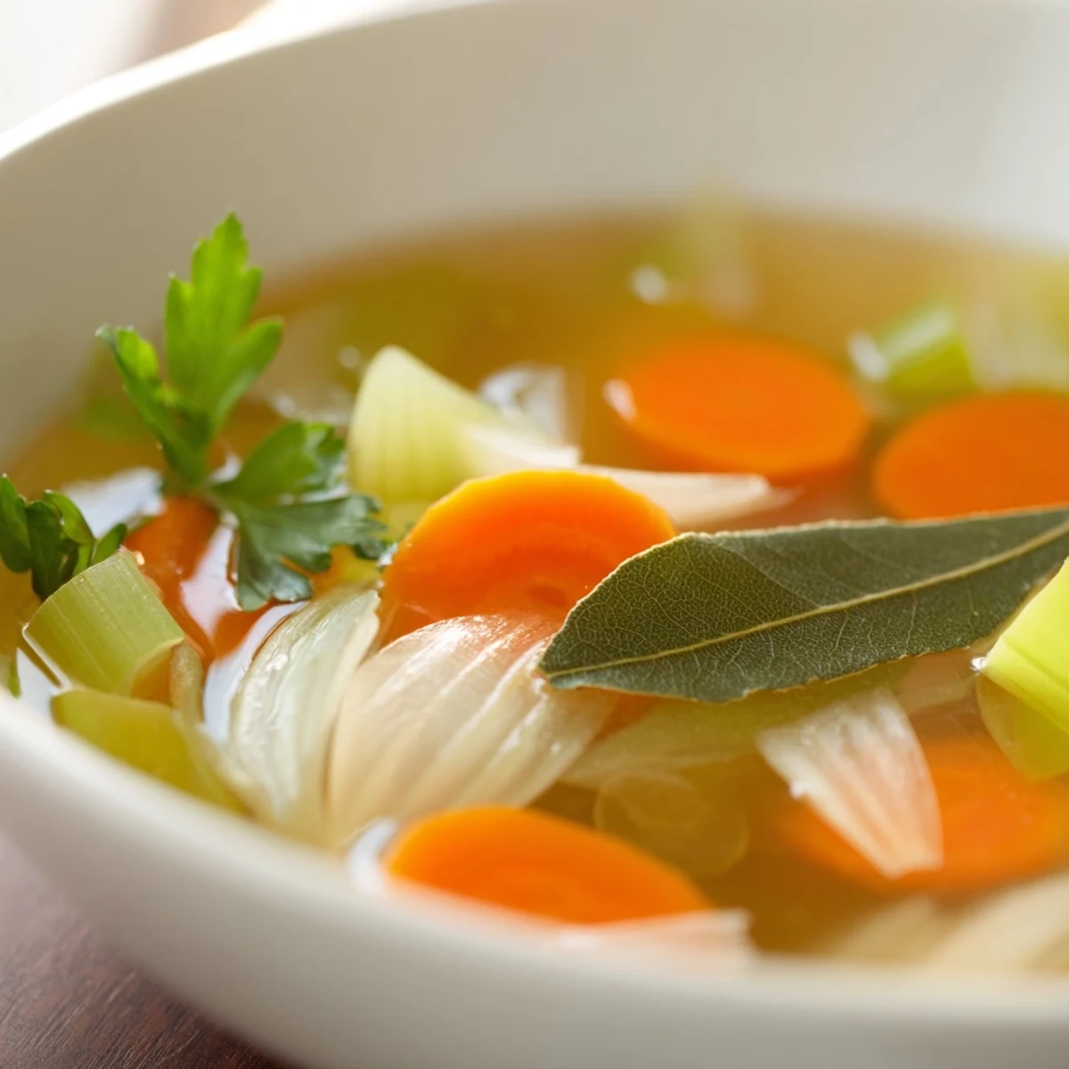 Steaming pot of golden Homemade Vegetable Broth with Herbs, simmering with onion, garlic, and bay leaves for a savory aroma.